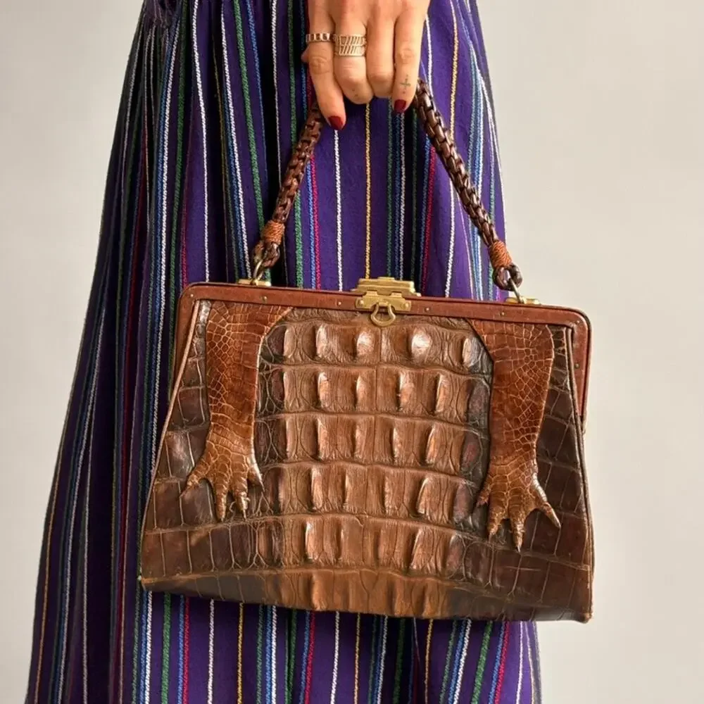 Antique Hornback Alligator Skin Handbag with Taxidermy Paws - Brown